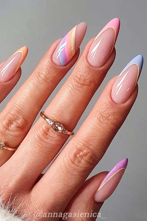 Pastel Rainbow French Tip Nails Idea Pastel Rainbow French Tip Nails Almond Shaped Design
