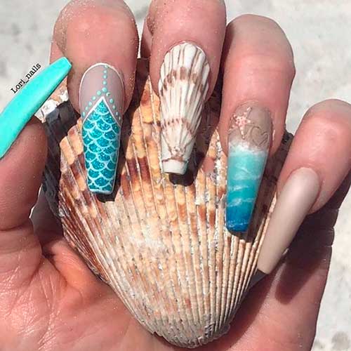 Beach Themed Summer Nails that combines shell, ocean, mermaid, aqua, and nude accents