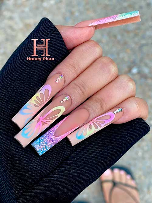 Long Square Colorful Neon Butterfly Nails with Rhinestones and Two French Accents