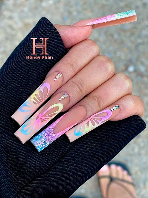 Colorful Neon Butterfly Nail Design Long Square Colorful Neon Butterfly Nails with Rhinestones and Two French Accents