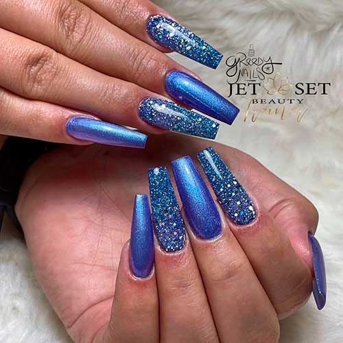 Shimmer Blue Coffin Nails with Glitter Blue Accents for Summer 2022