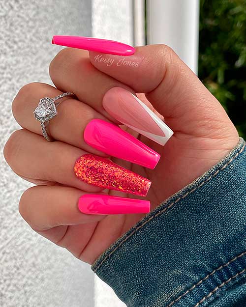 Coffin Hot Pink Summer Nails with Glitter and White French Accents