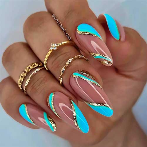 Almond Shaped Nude Nails with Light Blue and Turquoise Abstract Nail Art with Gold Glitter Swirls for Summer 2022