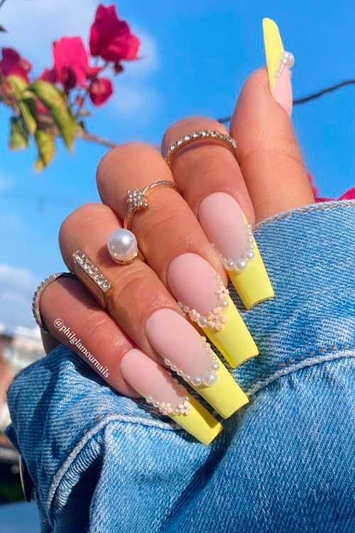 Matte Yellow French Nails Coffin Matte Yellow French Nails Adorned with Pearls for Summer 2022