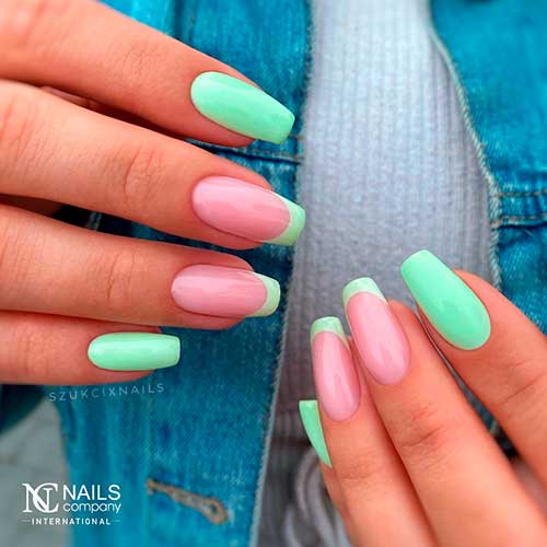Long Coffin Shaped Pastel Green Summer Nails 2022 with Two Accent French Nails