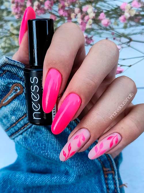 Pink Ombre Nails with Leaf Nail Art Long Round Shaped Pink Ombre Nails with Leaf Nail Art on Two Nude Accent Nails for Summer 2022