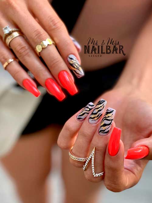 Red with Black Zebra Prints Nail Art Long Coffin Shaped Red with Black Zebra Prints Nail Art on Nude Nails for Summer 2022