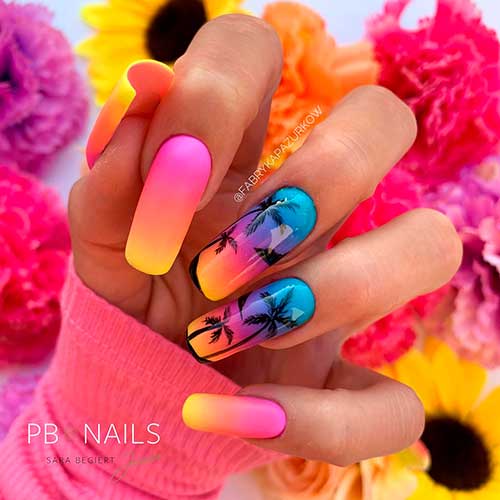 Pink Orange Yellow Summer Ombre Nails With Black Palms on Two Ombre Accents for Summer2022