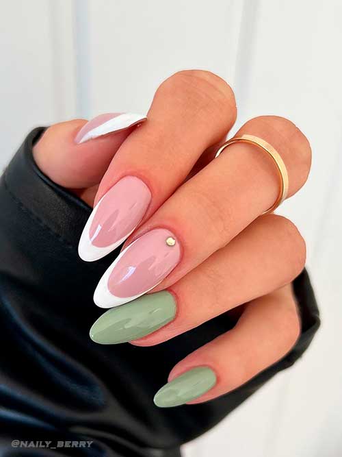 White French Nails with Sage Green Accents Almond White French Nails with Sage Green Accents for Summer 2022