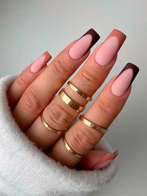 Autumn light French brown nails with two dark accent nails Autumn light French brown nails with two dark accent nails
