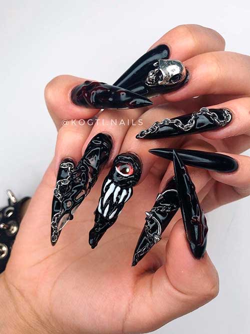 Stiletto Black 3D Spooky Halloween Nails 2022 with Monster Jaws and Skull