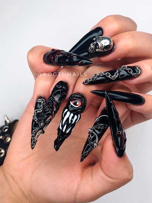 Black 3D Spooky Halloween Nails Stiletto Black 3D Spooky Halloween Nails 2022 with Monster Jaws and Skull