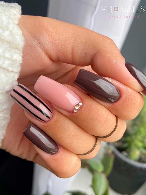 Long Square Shaped Dark Fall Brown Nails with Stripped and Nude Accent Nails