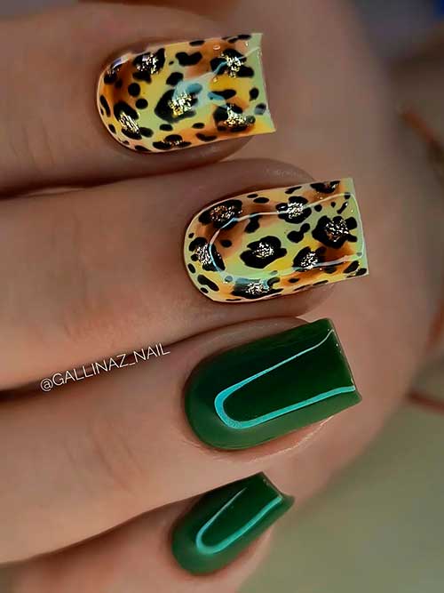 Dark green nails with black leopard print accents Short Square shaped dark green nails with black leopard print accents