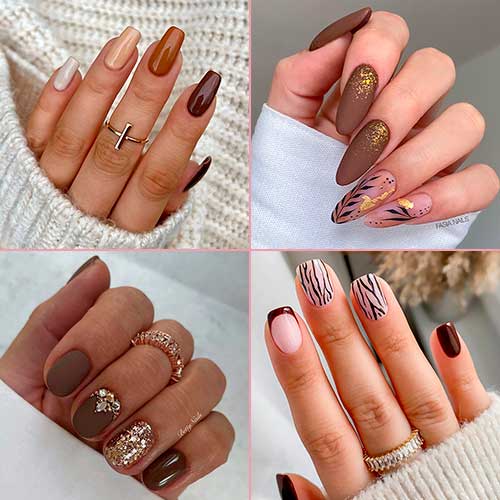 Elegant fall brown nail art ideas featuring diverse designs, perfect for embracing autumn's warm color palette.
