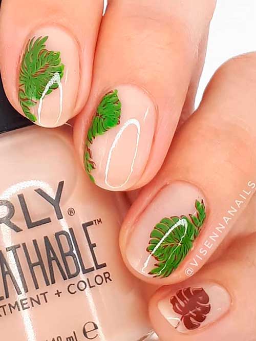 Fall leaf nail art design with ORLY nourishing nude breathable nail polish as base color