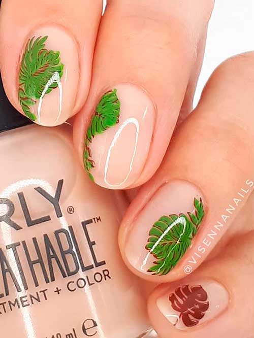 Fall leaf nail art design with ORLY nourishing nude breathable nail polish as base color Fall leaf nail art design with ORLY nourishing nude breathable nail polish as base color