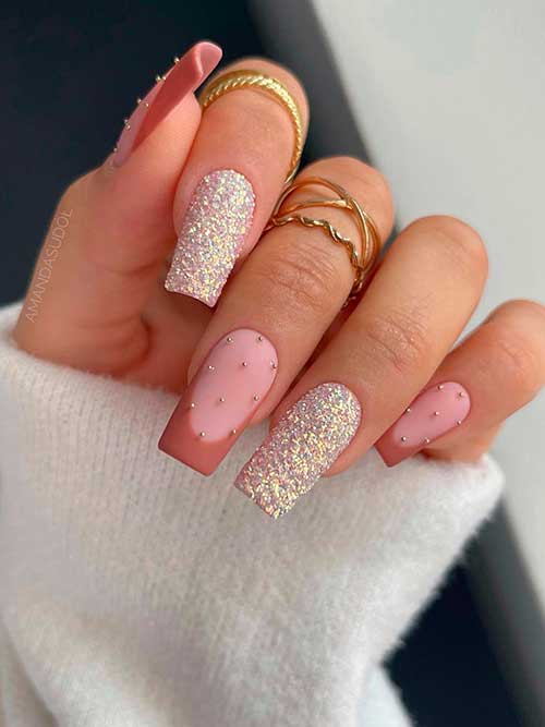 French brown nails with rhinestones and glitter accents Long square Shaped French brown nails with rhinestones and glitter accents