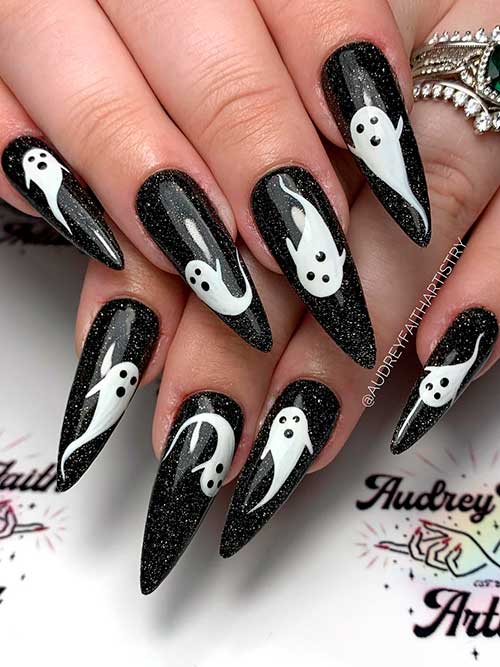 Ghost in Black Long Stiletto Shaped Glitter Black Nails with White Ghosts for Halloween 2022