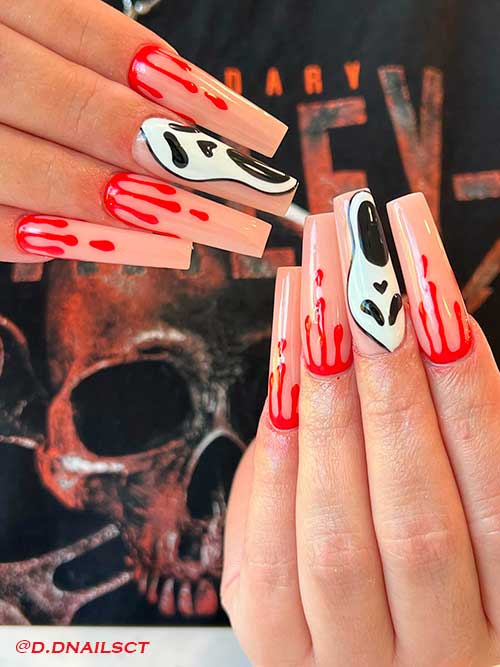 Halloween Blood Drip Nails Coffin Shaped with Scary Face Accent Nail