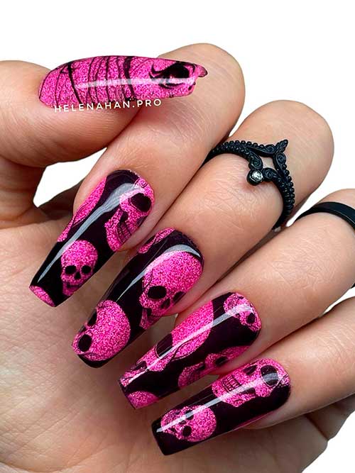 Long Coffin Halloween Pink Skulls on Black Nails Design