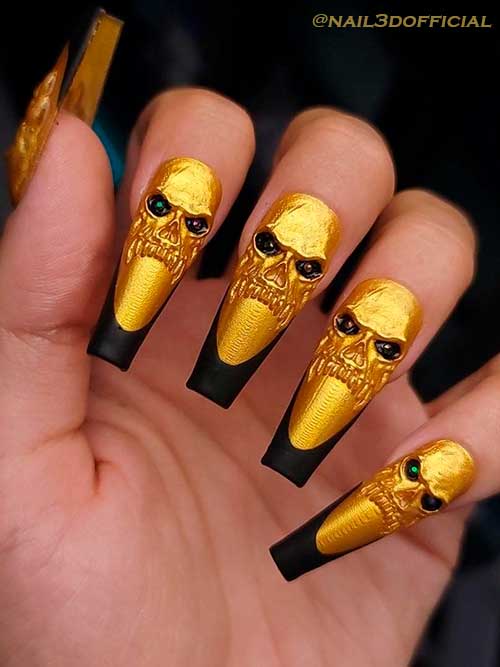 Long Coffin Golden Halloween Skull Nails 2022 with Black French Tips