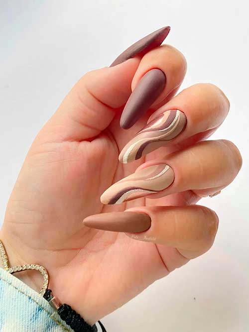 Matte Brown Fall Nails with Swirl Accents