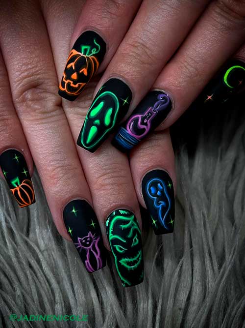 Neon Glow Halloween Nails Long Black Coffin Shaped with Different Halloween Neon Glow Themed Nails