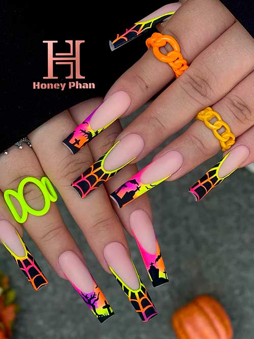 Long Neon Spider Web and Goth French Halloween Nails 2022
