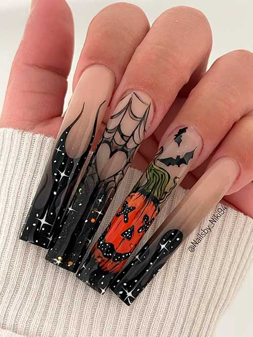 Extra Long Ombre Black Creepy Halloween Themed Nails 2022