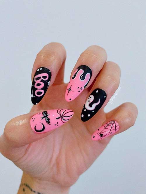 Pink and Black Halloween Nail Design Features Pumpkins, Bats, Ghosts, Spider Web, and Blood Drip Nail Arts