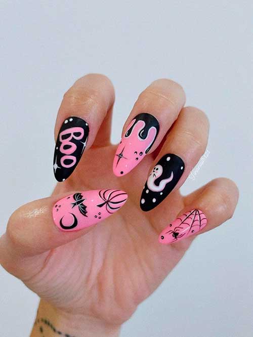 Pink and Black Halloween Nail Design Pink and Black Halloween Nail Design Features Pumpkins, Bats, Ghosts, Spider Web, and Blood Drip Nail Arts