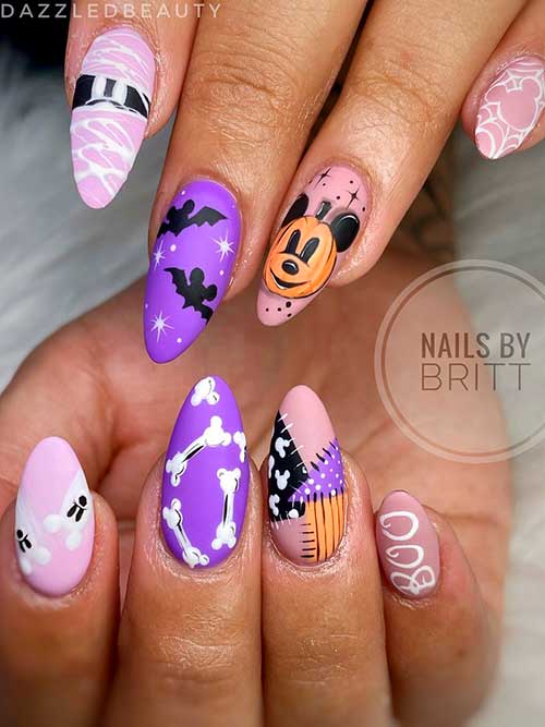 Short Fun Halloween Nails 2022 Consists of Mickey vibes, Bats, and Bones