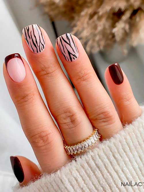 Short brown nail design with zebra prints on two accent nails Short brown nails with zebra prints on two accent nails