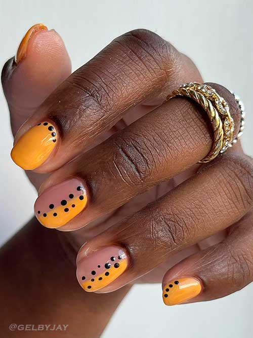 Short mustard fall nails with black dots Short mustard fall nails with black dots
