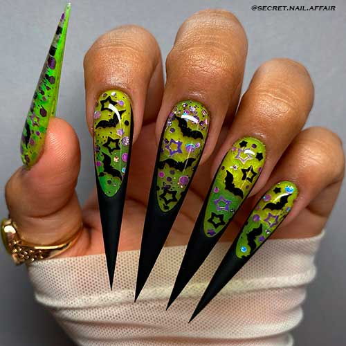 Spooky Long Stiletto Witch Halloween Nails 2022 with Black French Tips