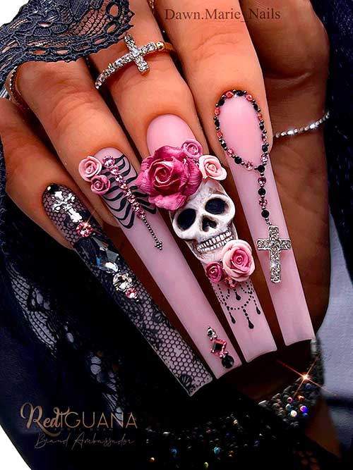 Spooky Nude and Black Halloween Nails Long Spooky Nude and Black Halloween Nails Features Skull, Cemetery Roses, and Crosses