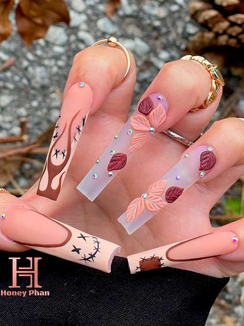 Spooky nude French tip nails with maple leaves Matte long coffin shaped spooky nude French tip nails with maple leaves for Fall 2022