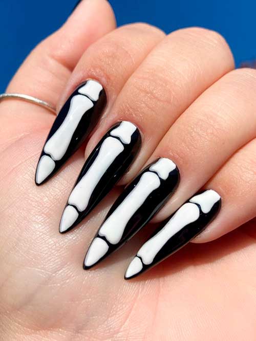 Black Nails with White Skeleton Bones for Halloween 2022