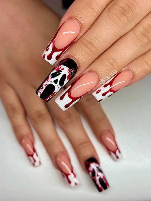 Bloody Ghost Face Scream Nails on White French Nail Tips