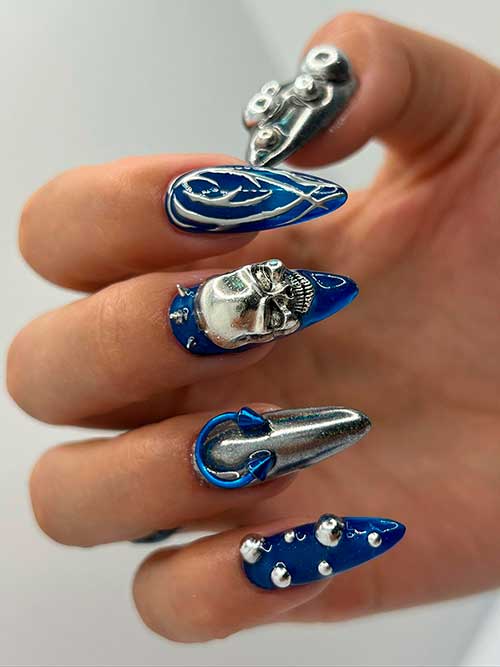 Stiletto Blue and Silver 3D Skull Nail Art Design for Halloween 2022