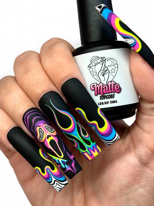 Long Colorful Neon Ghost Face Nails with Matte Black Base Color for Halloween 2022
