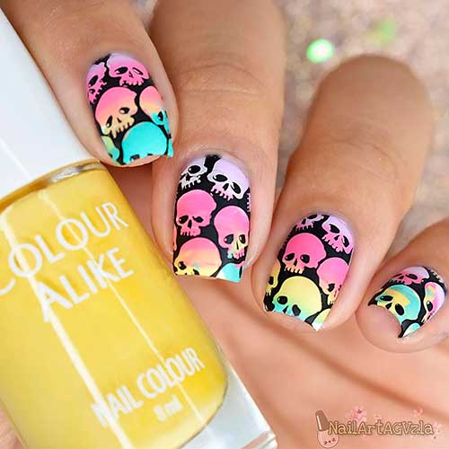 Short Square Shaped Colorful Skull Nails for Halloween 2022