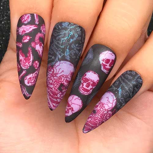 Long Stiletto Black and Purple Crushed Skull Nails 2022
