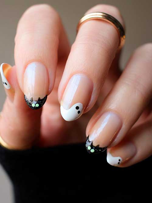 Halloween White Ghosts and Black Bats French Tip Nails
