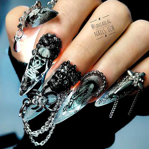 Long Stiletto Gothic Skull Nails with Spooky 3D Nail Art Items for Halloween 2022