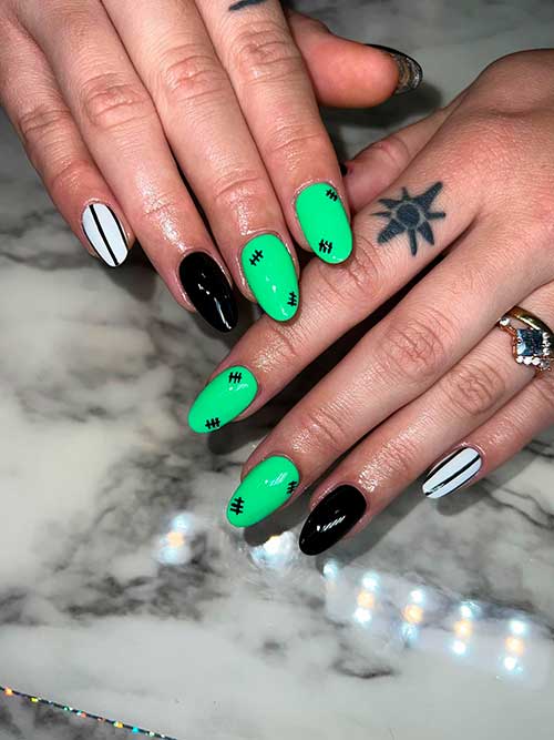 Green and Black Frankenstein Simple Halloween Nails