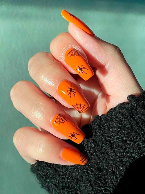 Halloween Burnt Orange Nails with Spiders and Spider Webs
