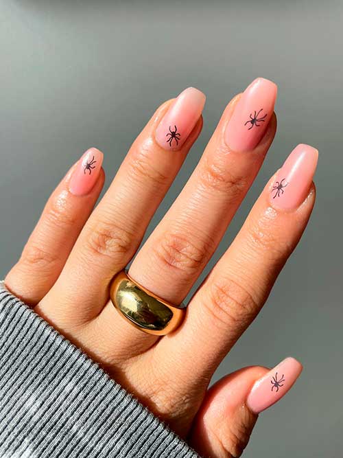 Cute Simple Halloween Nude Nails with A Spider on Each Nail