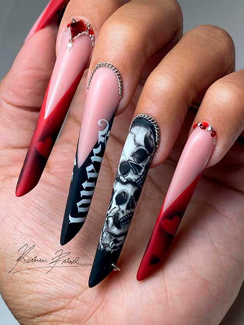 Long Lovers’ Skull Nail Art Design with Rhinestones